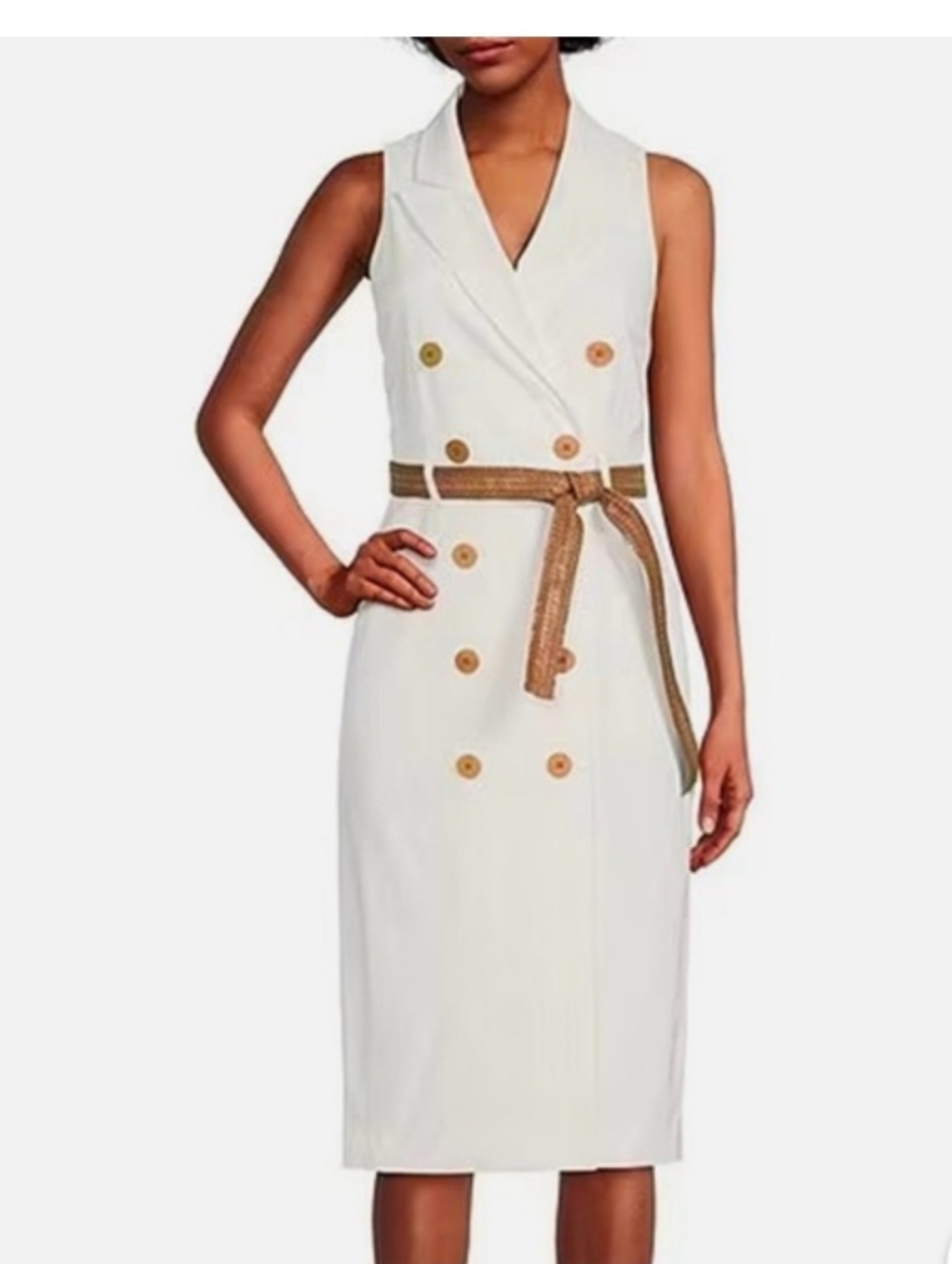 Alex Marie Cream Sleeveless Double-Breasted Linen Midi Dress with Braided Belt